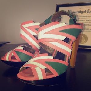 Green, pink, white paneled Marni heels